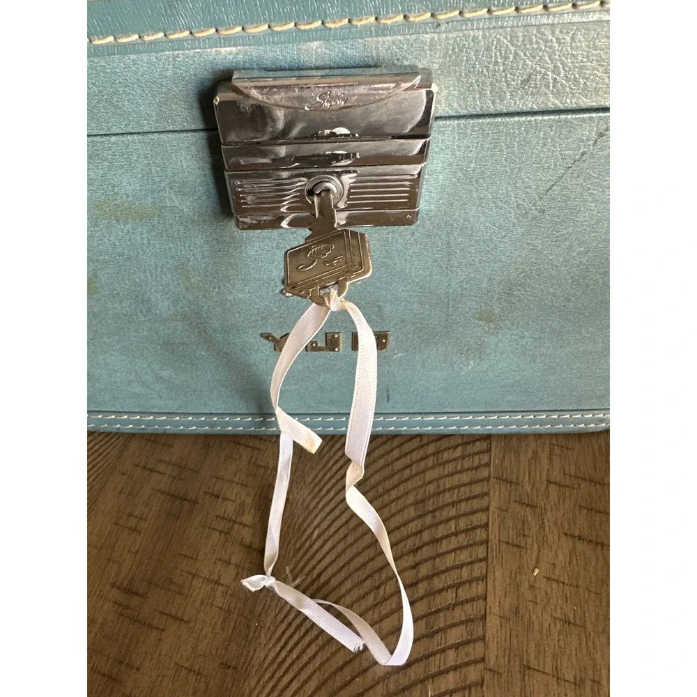 Mid-Century Skyway Train Case with Original Key Slate Blue Makeup Vanity Box